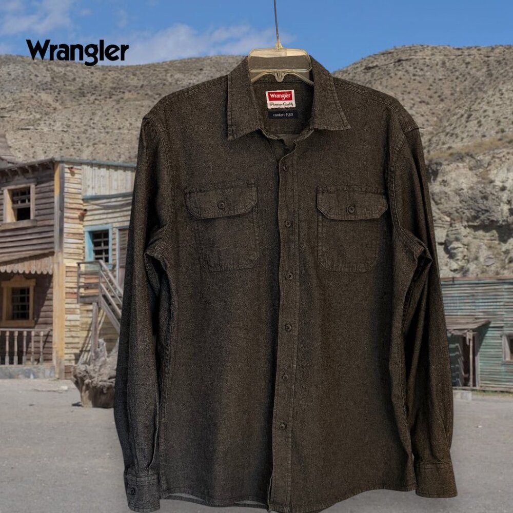Wrangler Mens Comfort Flex Gravel Grey Long Sleeve Button Down Denim Jeans Shirt